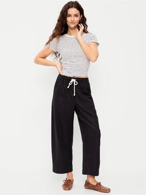Old Navy Black Wide-Leg Ankle Pants with Drawstring Waist